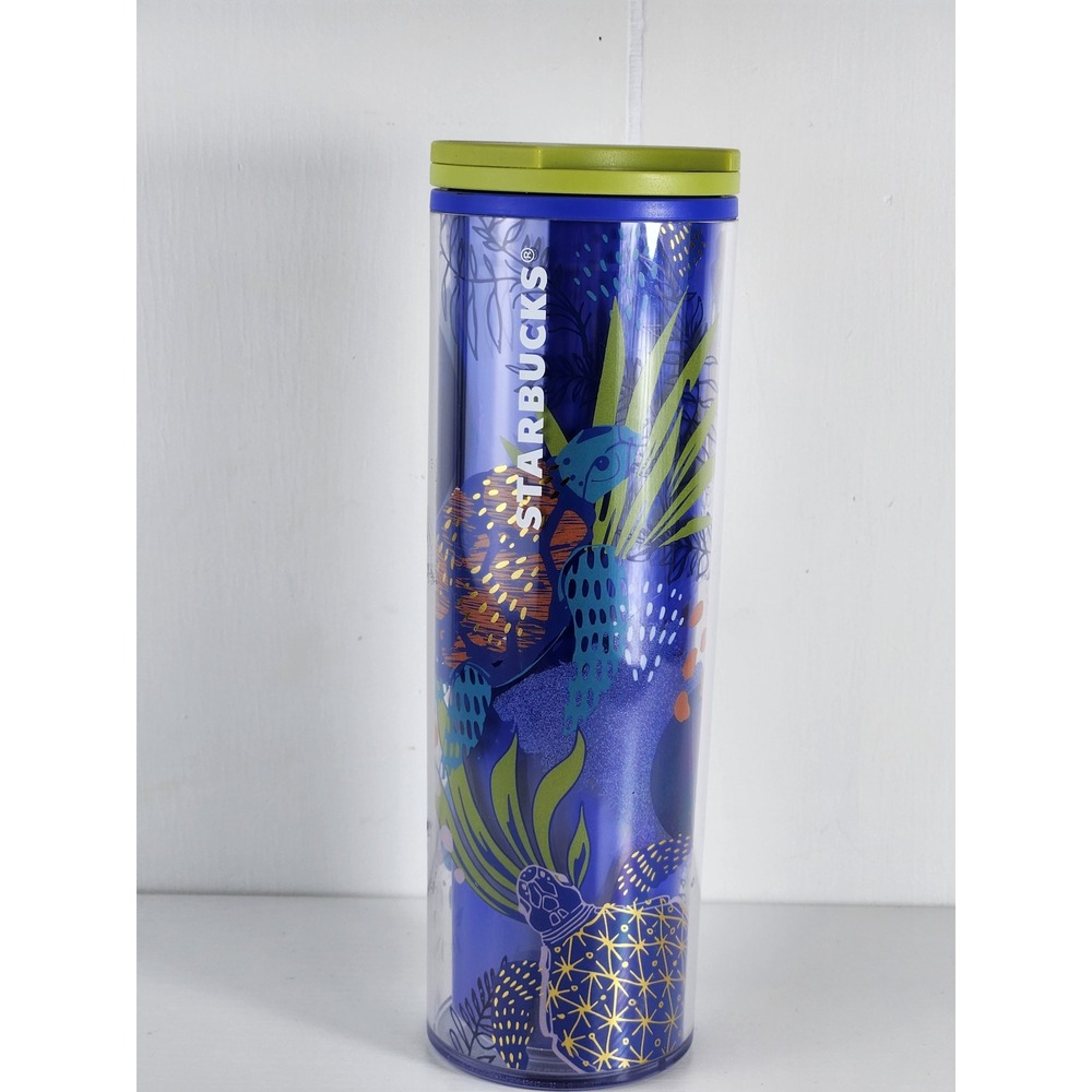 Starbucks Sea Turtle Blue Acrylic Travel Tumbler 16oz Gold Foil Tropical Green